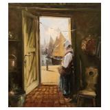 Unclearly signed 28x24 O/C Dutch Girl in Doorway