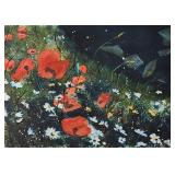 Unclearly Signed 10x14 gouache Poppies in Field