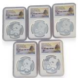 (5) China Panda Coins, ea 1oz .999 Silver, NGC