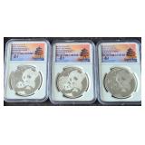 (3) China Panda S10Y .999 Silver Coins, NGC