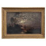 Unsigned 16x25 O/C Harbor Nocturne, Figures