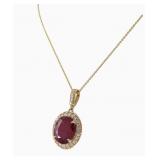 14K Yellow Gold Ruby, Diamond Pendant, Chain