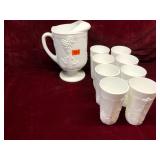 Vintage Milk Glass Pitcher and Cup Set