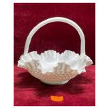 Vintage Milk Glass Hobknail Ruffled Basket