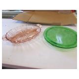 green & pink depression cake plate & dish
