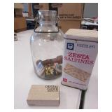 glass jar,cracker tin & crystal clock
