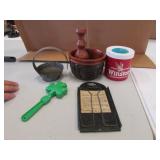 old slip holder,mortar pestle & items