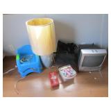 tv w/dvd player,table lamp,chalk & items