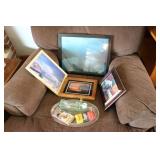 delco souv. platter,pictures,coke bottle & crayons