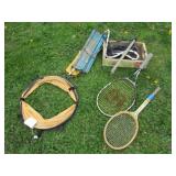 wood bottle crate,tennis rackets & items