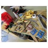 red bucket,pegs,bits,joist hangers & misc items