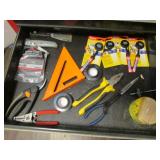 green bucket,drill bits,pliers,square,tools& items