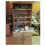 wood cabinet & all painting items & items on it