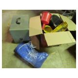 box of funnels,projector & tarp