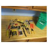 green bucket,drill bits,tape measures & tools