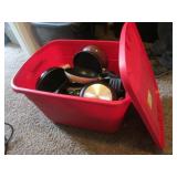 red tote w/pots & pans