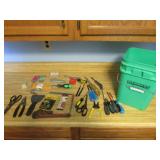 green bucket,pipe wrench,screwdrivers & items
