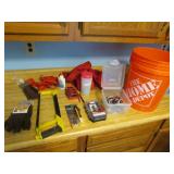 orange bucket,saw,drill bits,tester & items