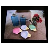 2 blue glass jars,decorator water can & ice cream