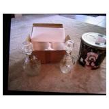 2 glass decanters & tin