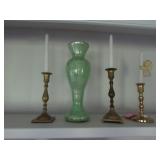 vase & 3 brass candle holders