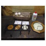 clock,wall shelf,basket & items