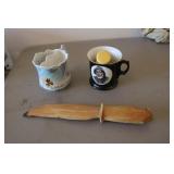 2 shaving mugs & wood knife