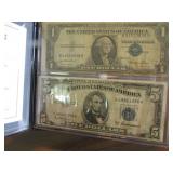 1953A blue seal $5.00 & 1935E blue seal $1.00 bill