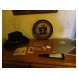 cowboy hat,singer machine tray,fan,cards,book