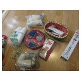 watermelon dish,plastic plates,cups,hand mixer