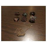 6 costume rings & necklace
