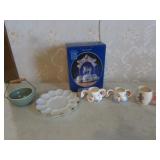 carousel,egg plate,3 bunny mugs & crock bowl