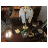 table&floor lamp,mini shopping cart & items on top