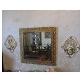 antique mirror & 2 chalkware wall hangings
