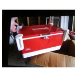coleman red metal cooler w/box