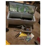 white metal box w/misc tools & items