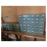 3 green metal organizer cabinets & items inside