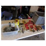gray tote,bearings,hammer,chalk line & items