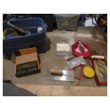 blue tote,box of bostitch framing nails & items