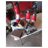 3 fire ext.,saw,straps,2 miter boxes & cigar box