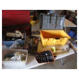yellow toolbox,tote,drill bits,tools,phone & items