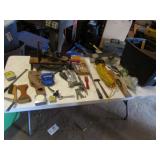 black tote,miter box,ext.cord,hand tools,items