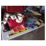 red tote,toolbox,level,tool belt & items inside