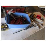 blue tote,orange metal items,tools & items