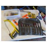 yellow stanley saw,nutdrivers,tools,container