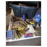 black tote,visegrip,plumb bob,level,blade,tools
