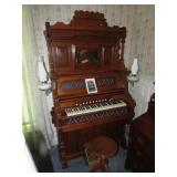 antique reed organ w/oil lamps & stool