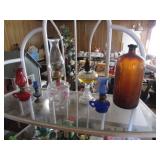 5 oil lamps & amber bottle