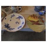 flow blue plate & hand painted bird plate