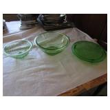 green depression cake plate & 2 bowls